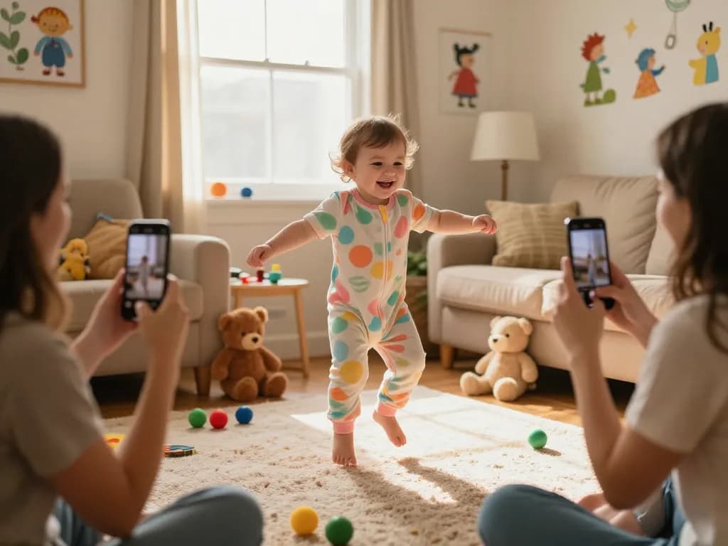 Exciting baby dance video moment with toddler joyfully dancing in a cozy living room, surrounded by colorful toys.