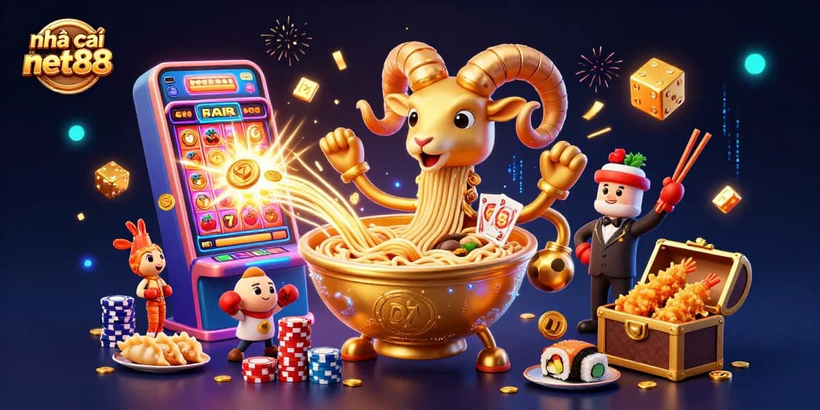 Engage with nhà cái net88 in a vibrant 3D casino scene featuring a golden ramen bowl and dynamic game elements.