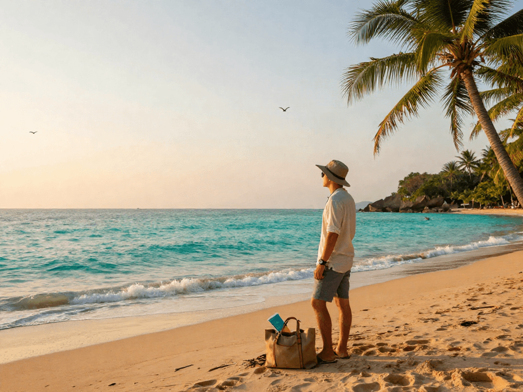 Traveler at a scenic Vietnamese beach at sunrise on https://joeyvisavietnam.com/ enjoying a tranquil moment by the sea.