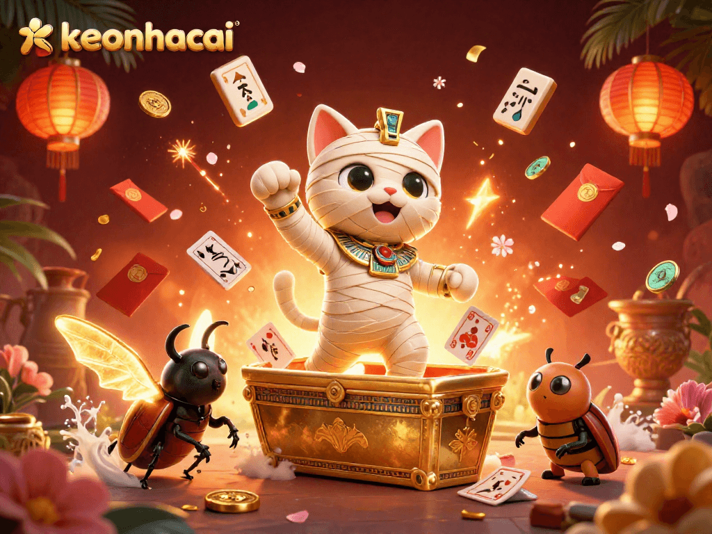 Experience keonhacai with a captivating scene of a mummy cat revealing treasures in a vibrant pyramid casino.