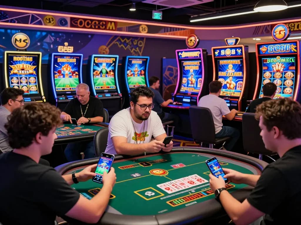 Exciting gaming experience at SC88 with diverse players engaged in sports betting and live casino games, vibrant atmosphere and dynamic digital graphics.