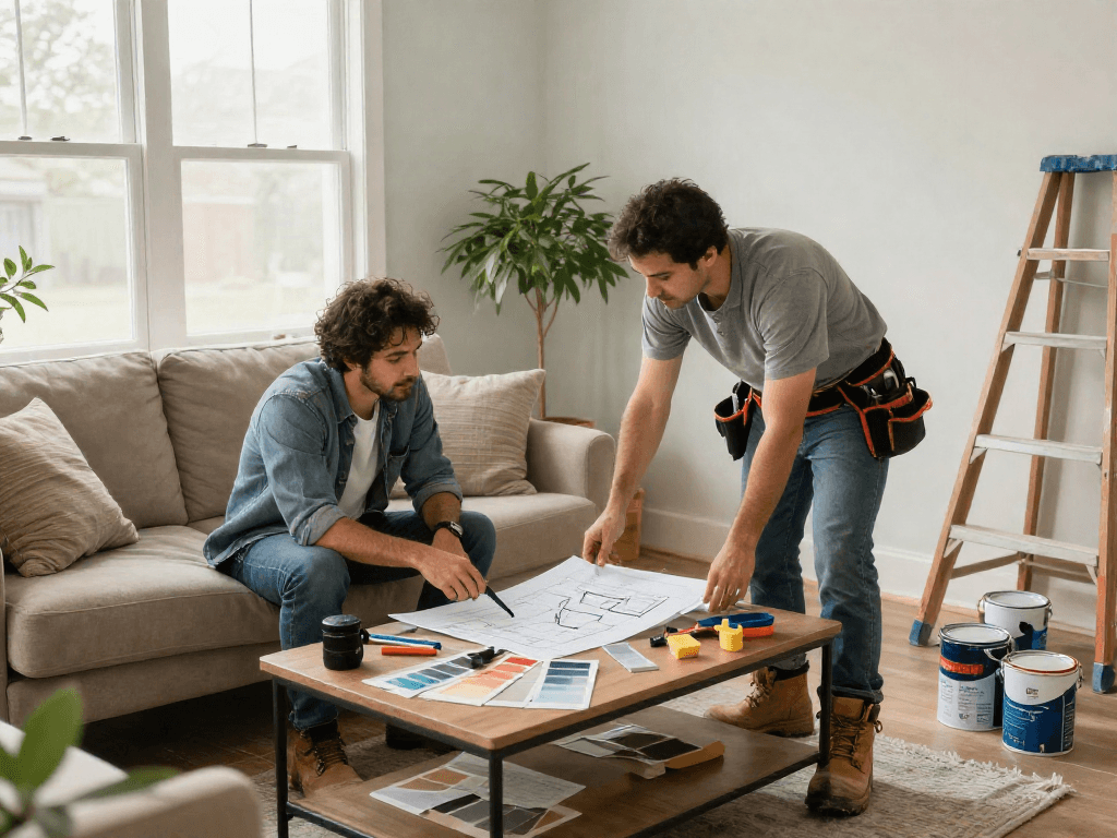 Engaging homeowner discussing home repair services Des Moines Iowa with a contractor in a bright living room setting.