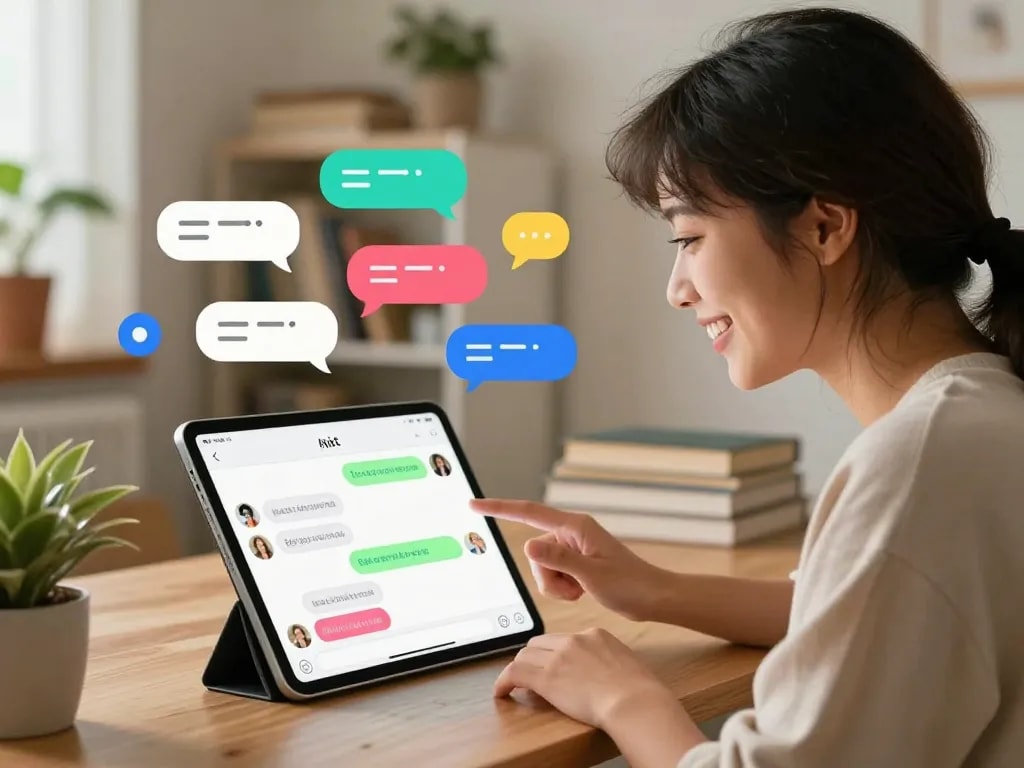 Bright user engaging with spicy chat ai on a tablet in a cozy study.
