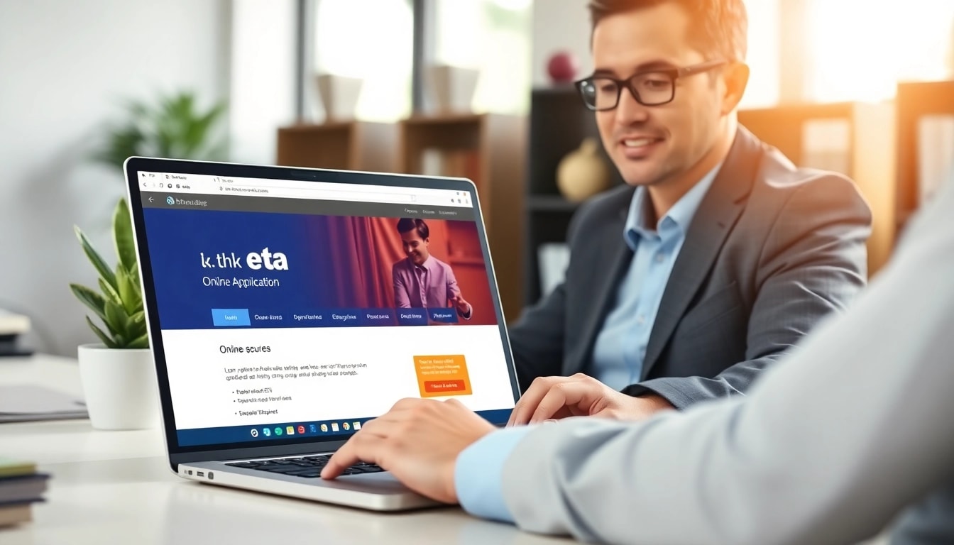 Completing the uk eta online application on a laptop in a modern office.