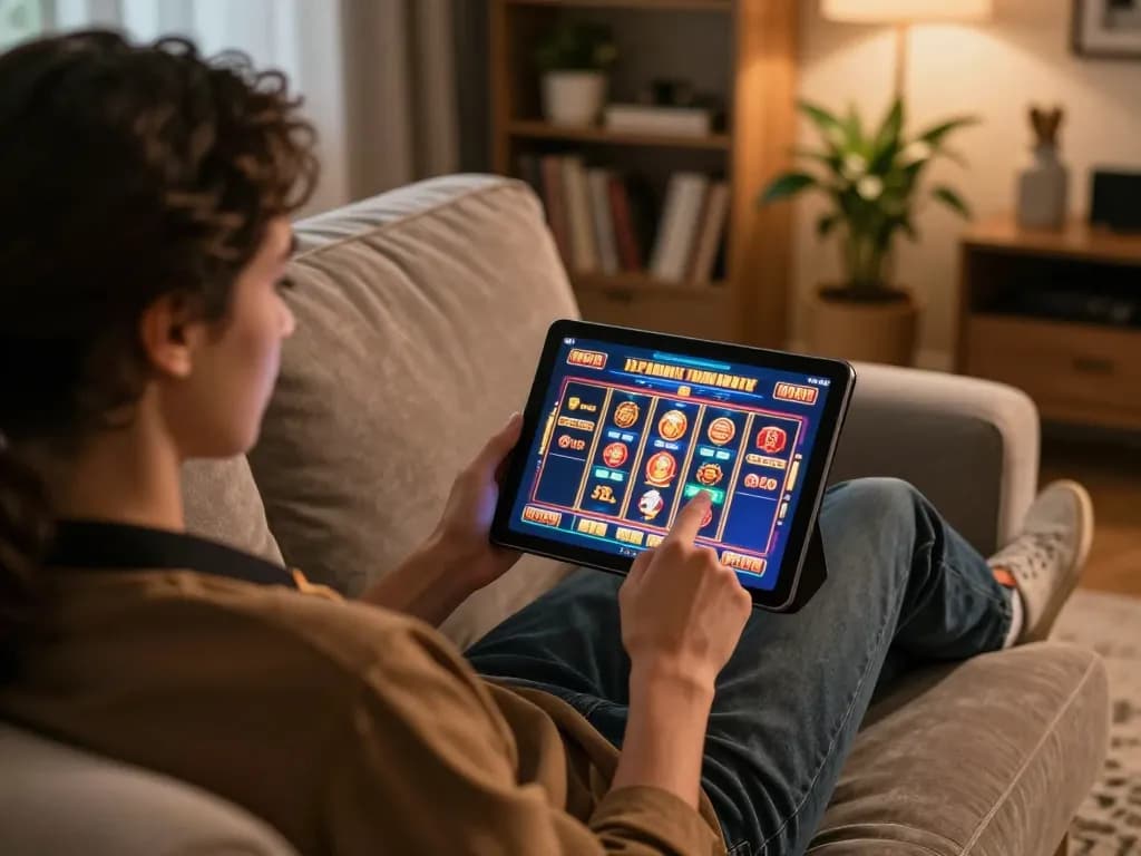 Player using llwin3 online casino app on a tablet with engaging slot game interface in cozy home setting.