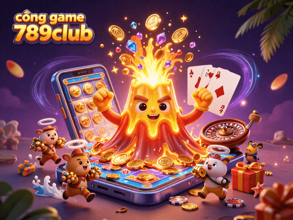 Experience the thrill of cổng game 789club with vibrant casino treasures erupting from a volcano.