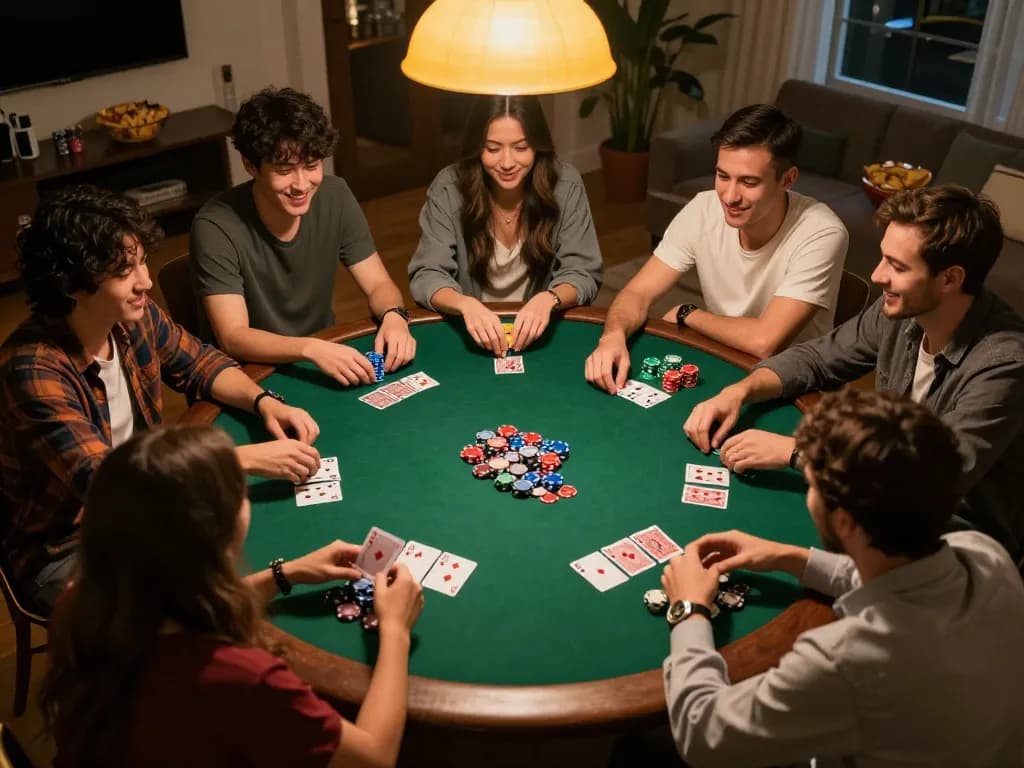 Friends enjoying a poker night at home, highlighting the fun of F168 online gaming strategies