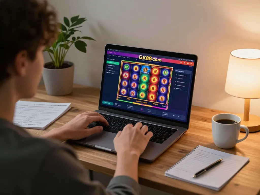 Player engaging in a strategy-focused slot game on GK88 com at home, showcasing relaxed online gambling.