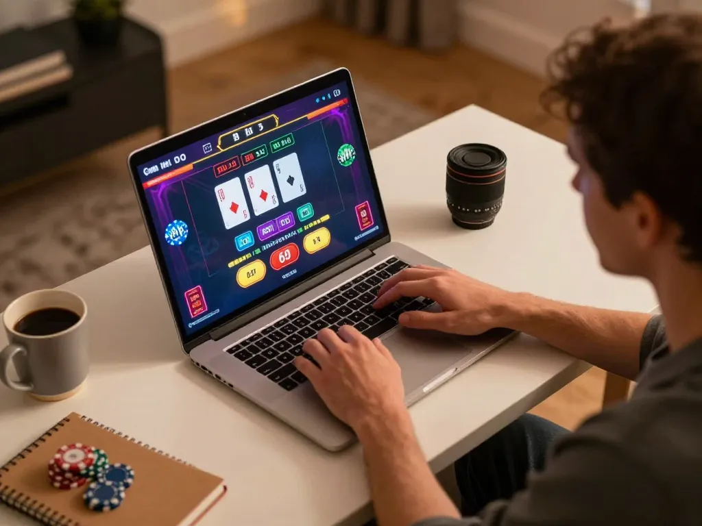 Engaging with live dealer games on 78win through a stylish home setup, showcasing a modern gaming experience