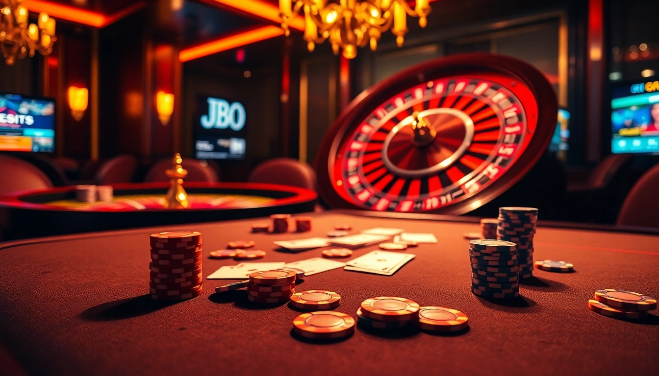 Experience the thrill of JBO with luxurious casino gaming featuring poker tables and roulette wheels.