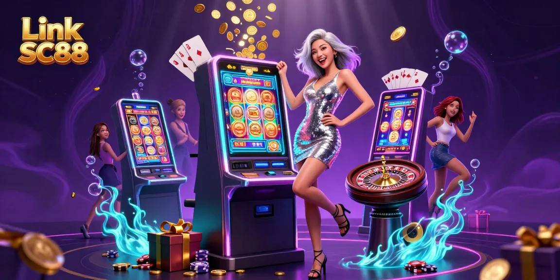 Play slots and celebrate wins with Link SC88 in this vibrant 3D casino scene.