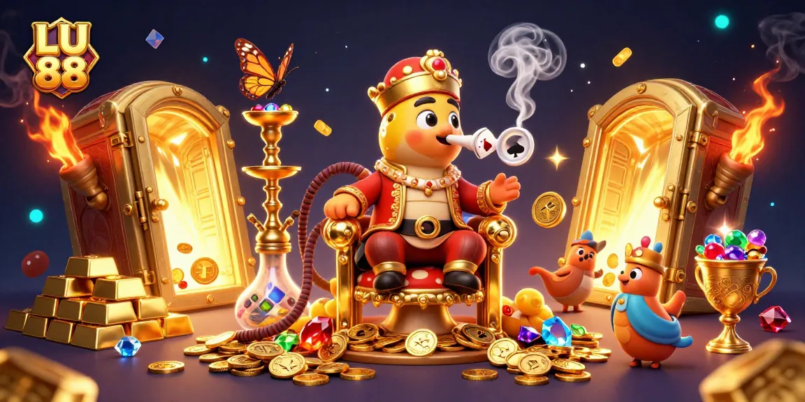 Experience thrilling gaming at LU 88 with vibrant poker symbols and treasure-filled atmosphere.