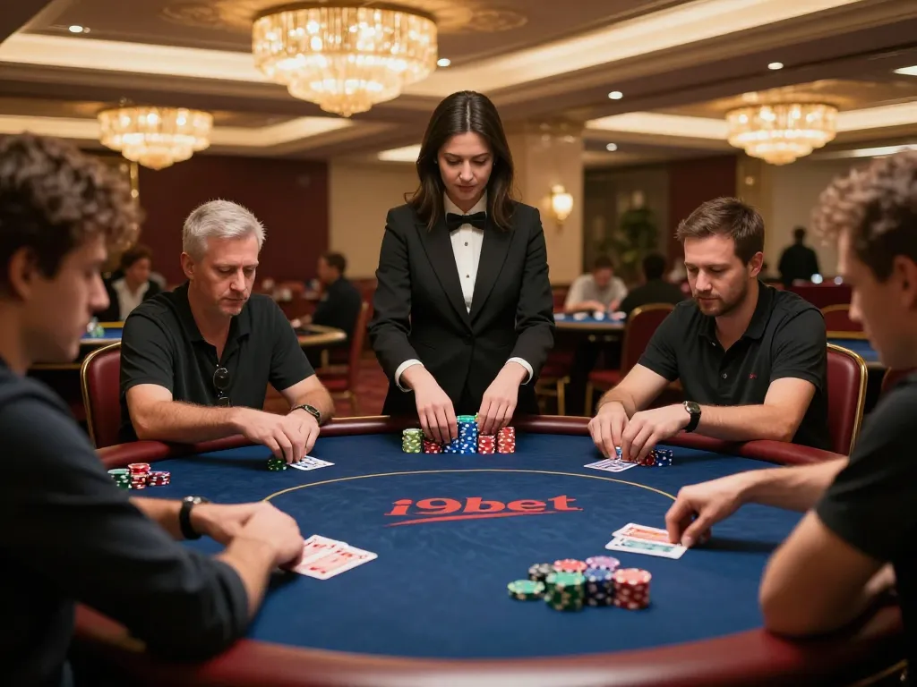 Players engaging in an intense poker game at i9bet's luxurious casino, showcasing colorful chips and ambient lighting.