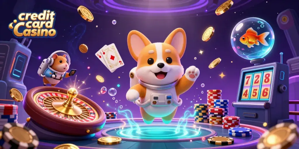 Experience the excitement of a credit card casino with a playful astronaut corgi amidst floating coins and games.