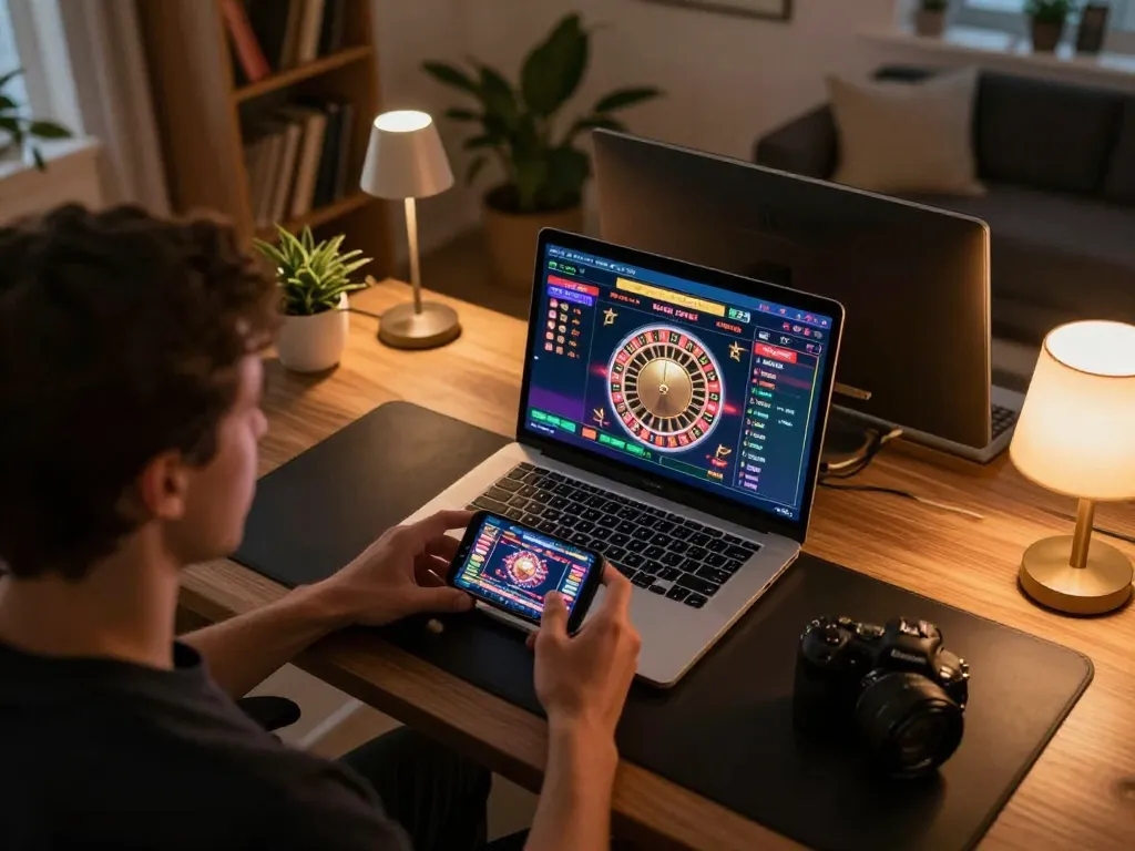 Engaging online gaming night with a laptop showing s666hn roulette gameplay, blending strategy and comfort.
