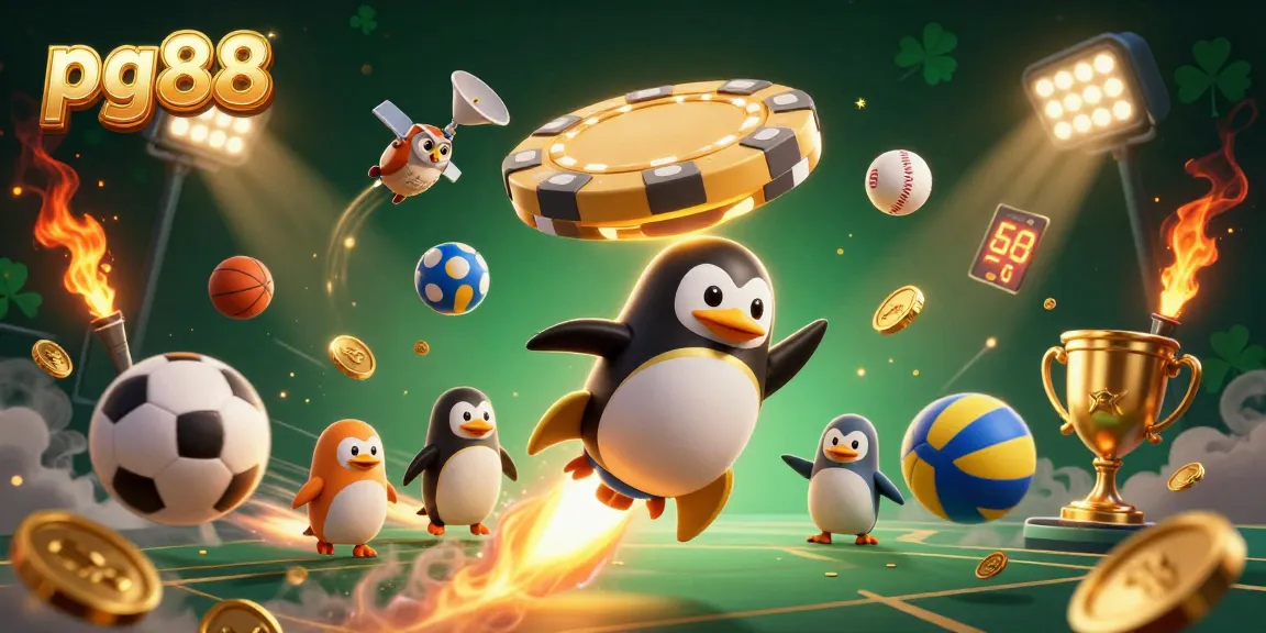 Experience thrilling wins at pg88 with an exciting 3D illustration of a golden penguin racing towards a casino space station.