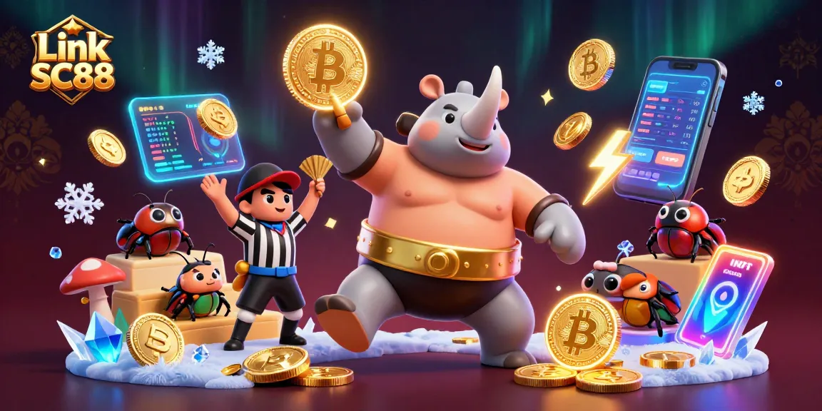 Join the action at Link SC88 with a dynamic casino scene featuring a sumo beetle champion surrounded by crypto elements.
