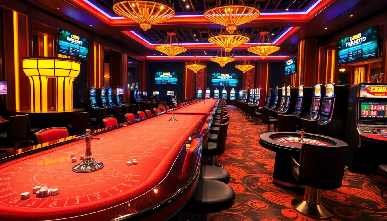 Experience the excitement of the GK88 online casino with vibrant gaming tables and slot machines in action.