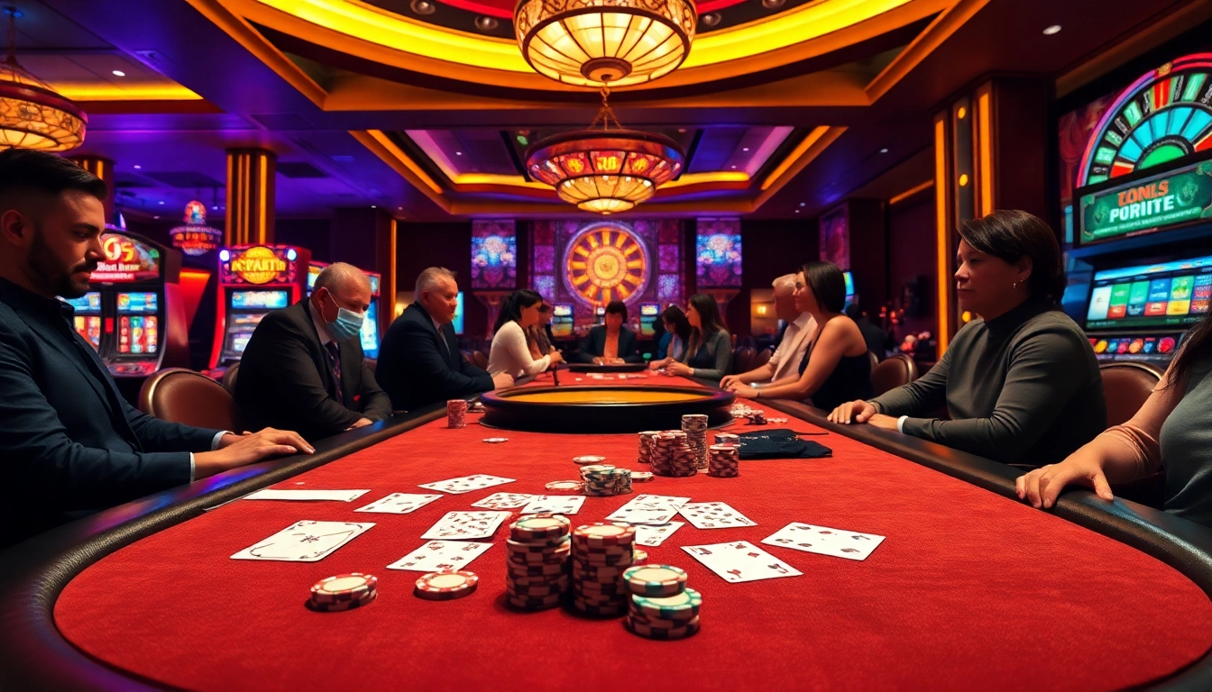 A group of diverse players engaging in a thrilling poker game at 789P casino, featuring colorful chips and a luxurious atmosphere.