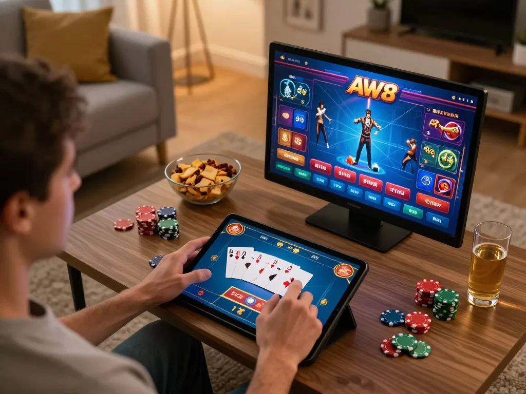 Engaging online poker gameplay on AW8 app in a cozy home setting.