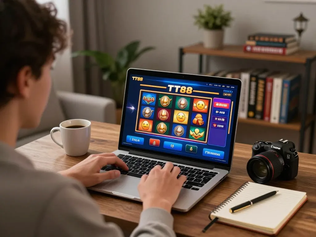 The person enjoying a TT88 slot game on their laptop during a cozy online casino session.