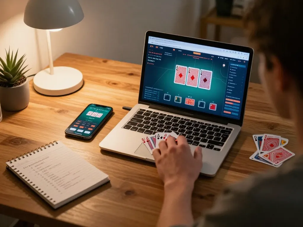 Engaging in strategic gameplay at nhà cái TG88, a player using a laptop for online poker.