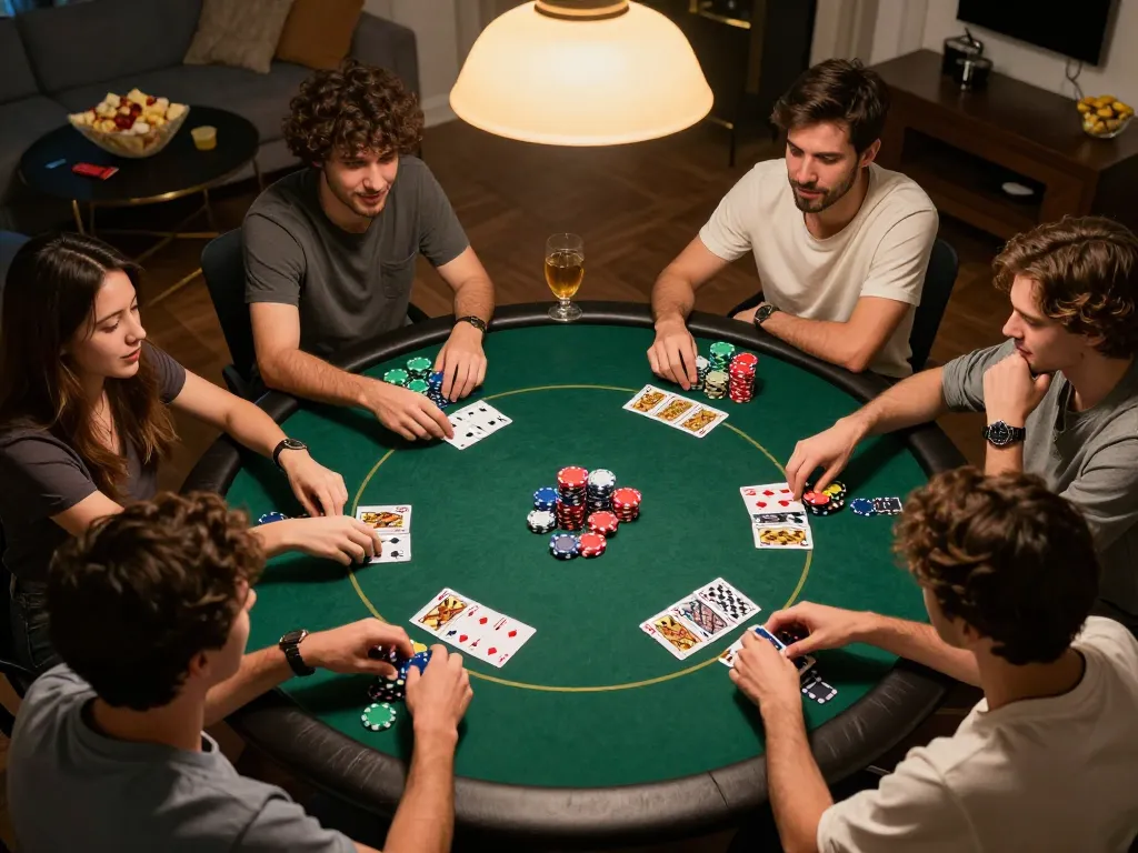 Friends enjoying a competitive poker game at home, highlighting social moments in gambling with go8 com.