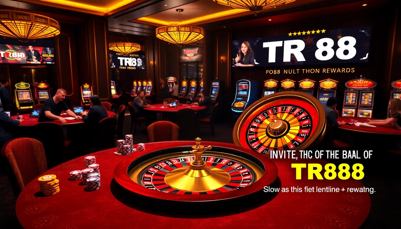 Experience the excitement of TR88 with a luxurious casino atmosphere featuring roulette, poker, and vibrant gaming elements.