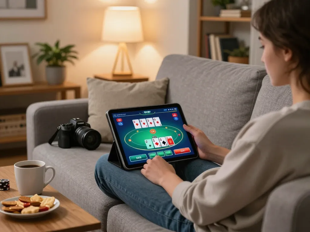Engaging in online casino games on tablet at home with thabet, surrounded by snacks and cozy atmosphere.