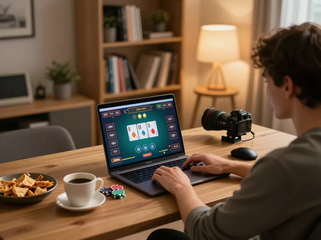 Person playing online poker at home on alo8 platform, showcasing enthusiasm and strategy