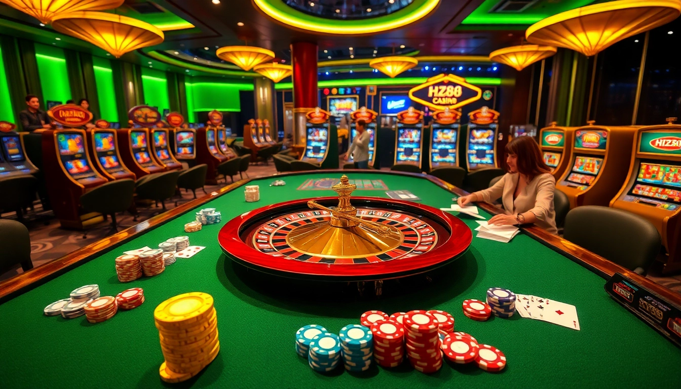Engaging in a thrilling game of casino poker featuring hz88 tables and vibrant chips.
