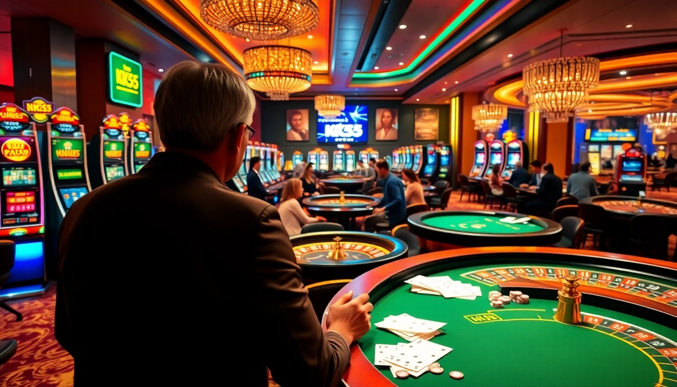 KK55 exciting online gambling experience with vibrant casino tables and slot machines.