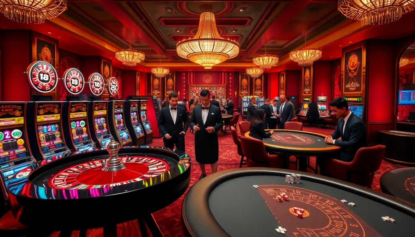 Players enjoying an engaging gaming experience at Hi88 casino tables, displaying vibrant roulette wheels and poker chips.
