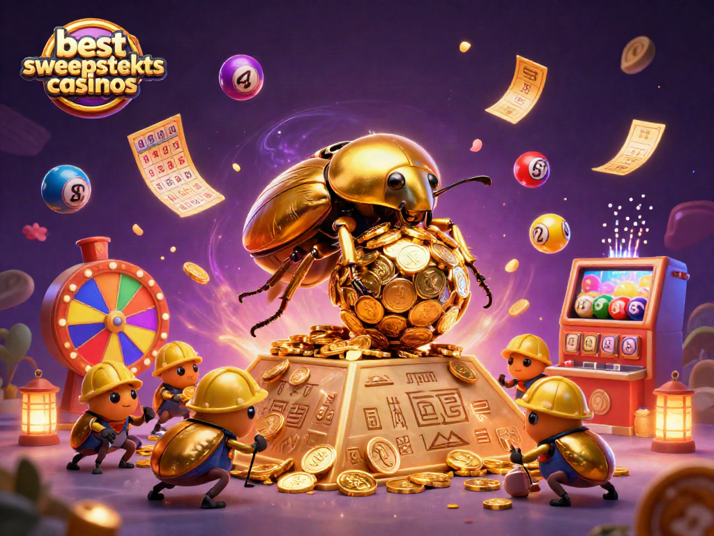 Experience the excitement of the best sweepstakes casinos with a vibrant 3D illustration of treasure and gaming.