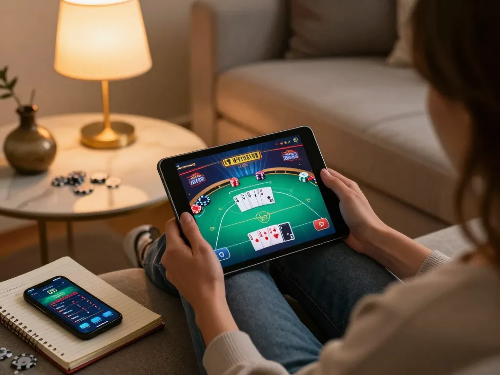 Player enjoying mobile gaming on a tablet at home, engaging with the KO66 online casino com gaming interface.