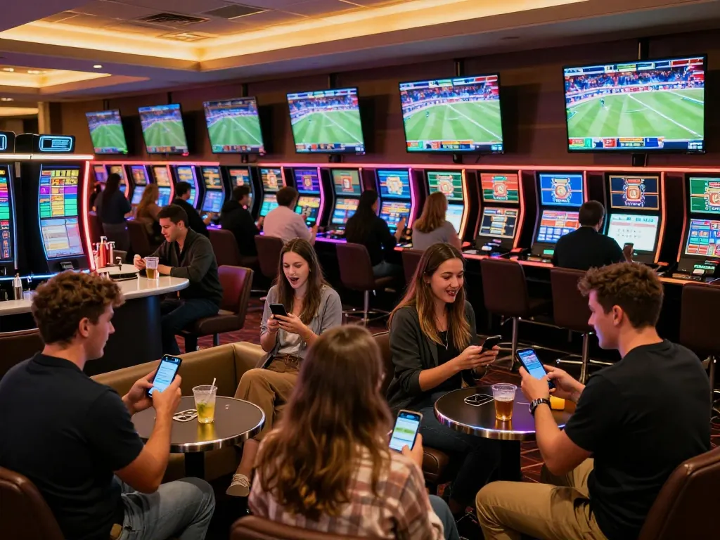 Fabet sports bettors engaging with apps during live events in a thrilling casino atmosphere