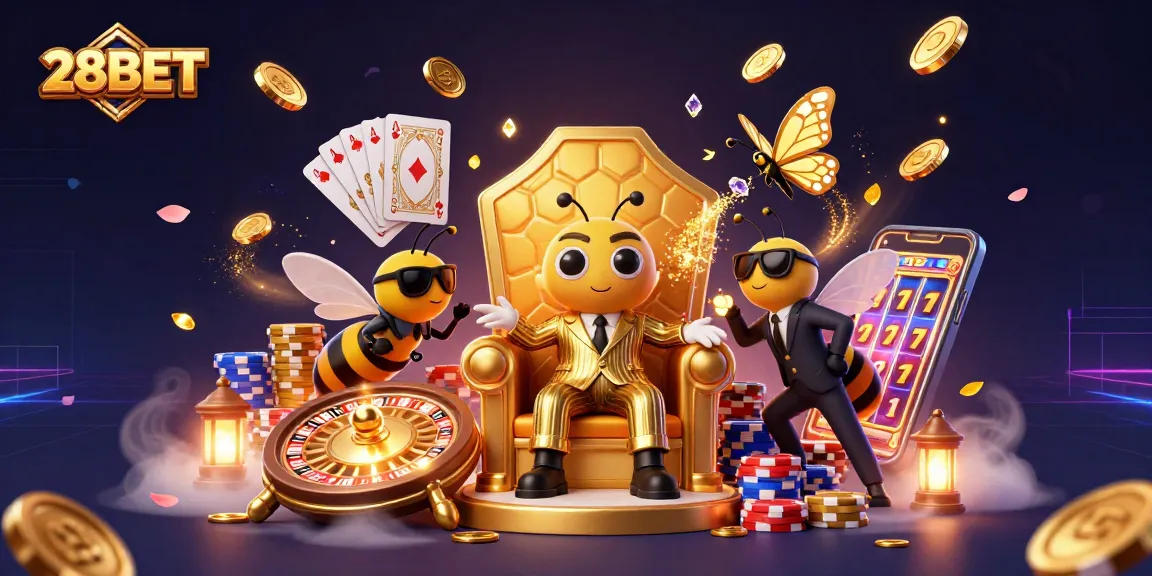 Experience excitement at 28BET with a dazzling casino scene featuring golden coins and vibrant gameplay elements.