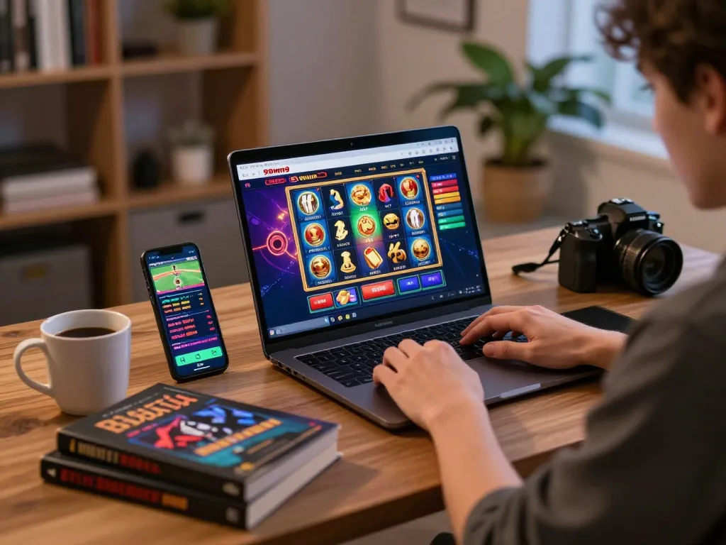 Engaged player using 98win9 to explore online casino games in a cozy home setup.