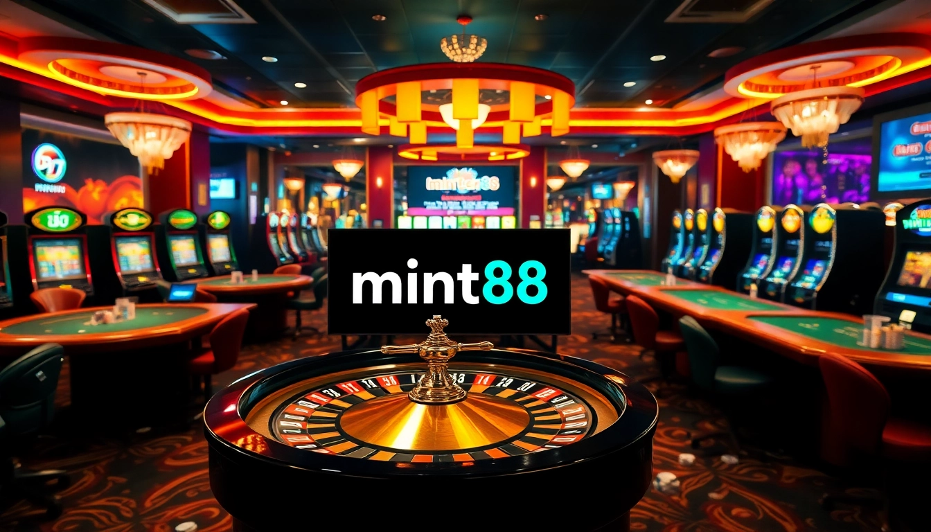 Experience excitement at mint88 with vibrant roulette wheels and lively poker tables in a luxurious casino setting.