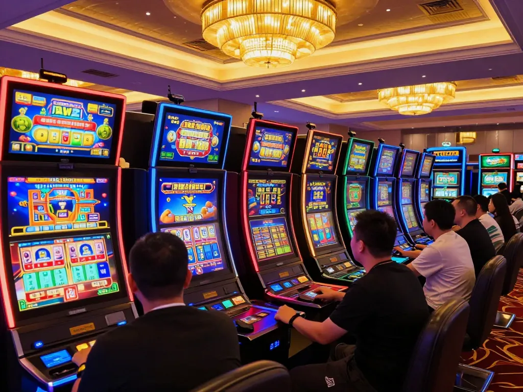 I9BET players enjoying vibrant gameplay at colorful slot machines on an exciting casino floor.