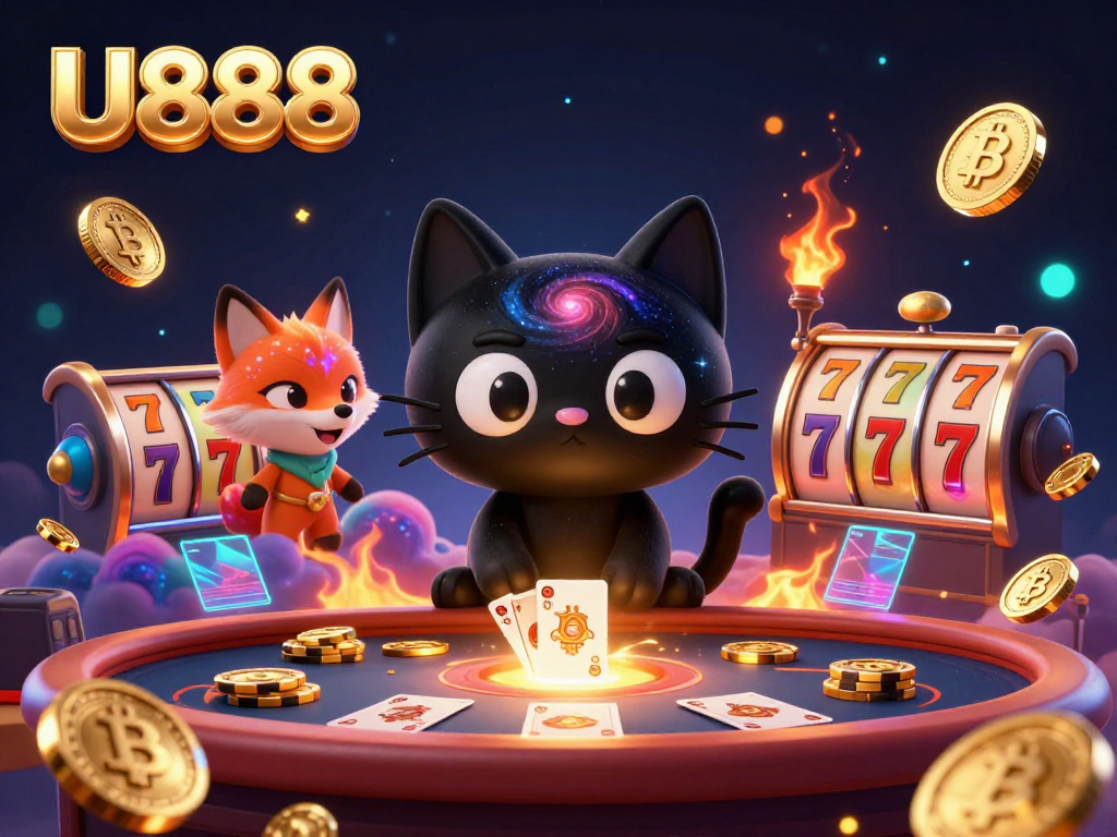 Play at U888's vibrant cosmic casino with a dazzling black hole cat and gas fox amid animated gaming elements.