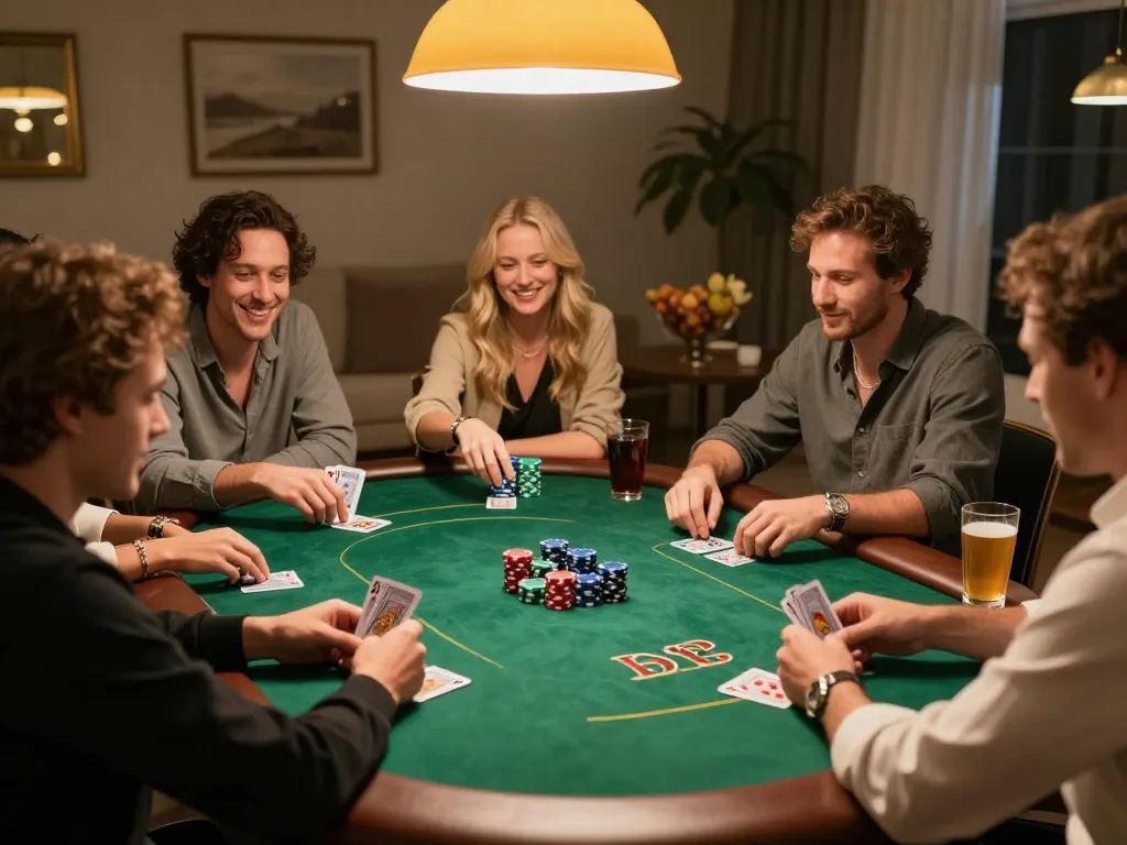 Players joyfully engaging in a thrilling poker game at home, showcasing jj nn strategies and friendly competition.