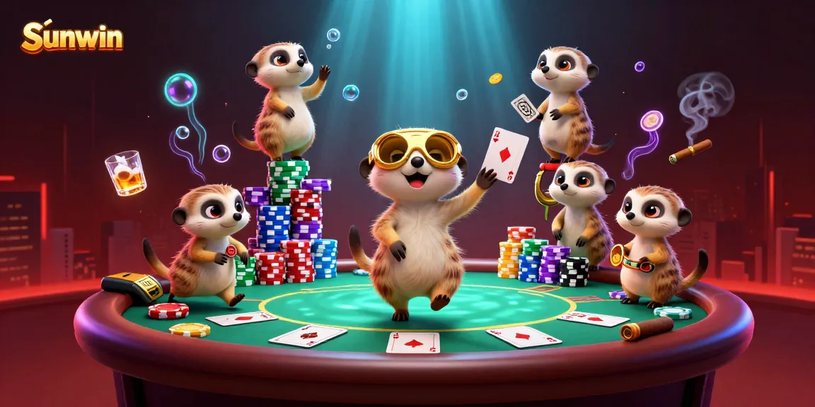 Engage in thrilling gameplay with Sunwin's meerkats overseeing a lively casino scene.