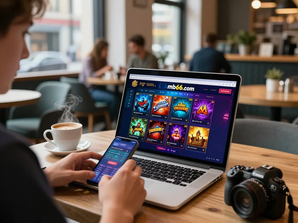 Engaged user exploring gambling options on mb66.com in a vibrant coffee shop environment.