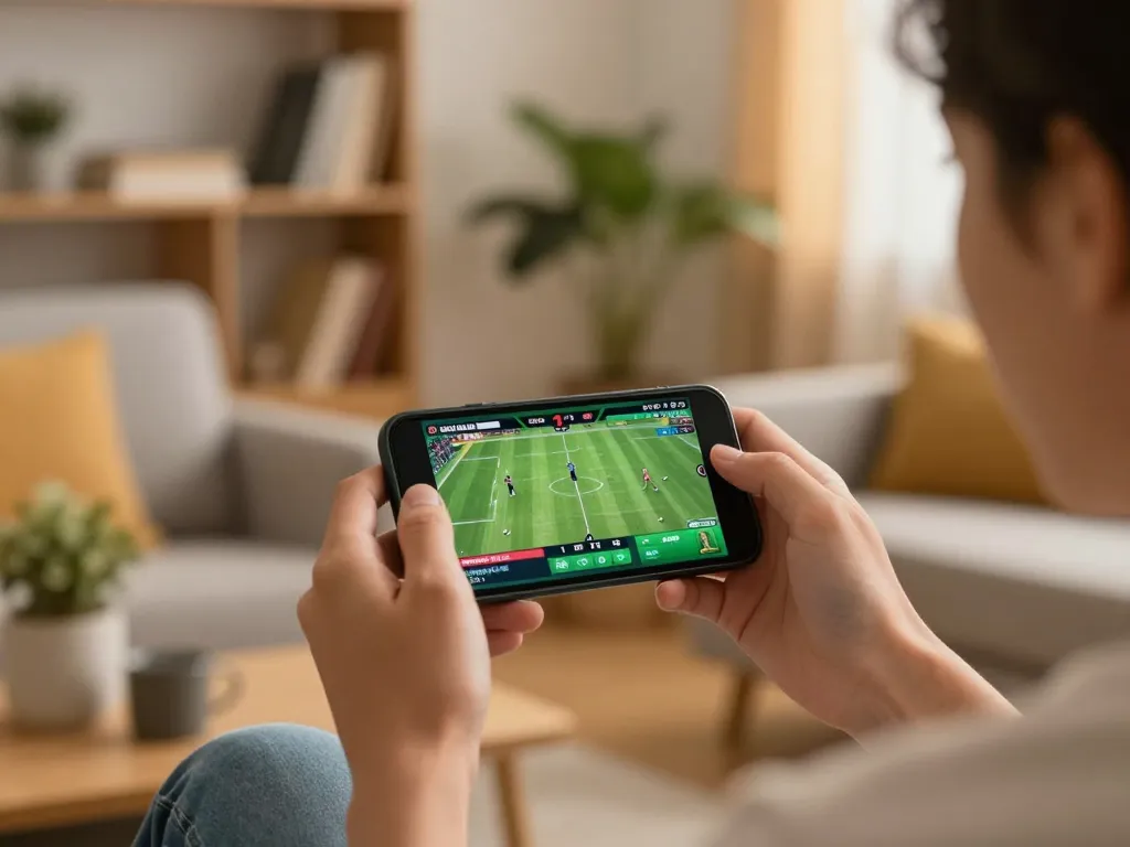 Person placing bets with lucky88mobi mobile app in cozy home setting