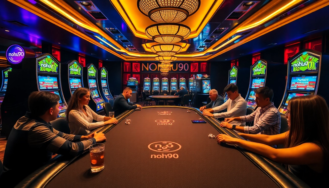 Nohu90 players engaged in thrilling casino games, showcasing luxury and excitement.