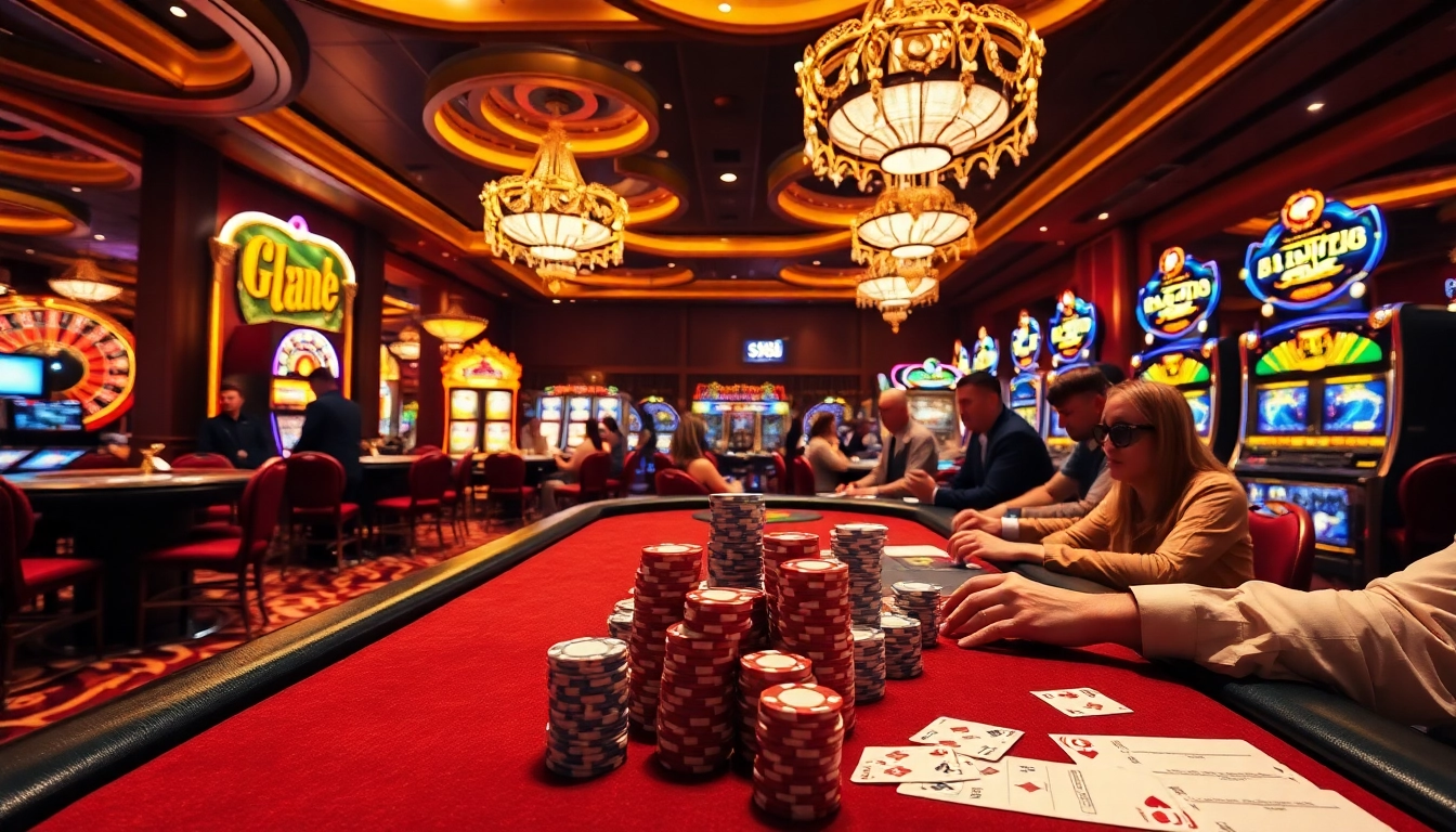 Players enjoying an exhilarating game of poker at sx88 casino, surrounded by stylish slot machines and vibrant atmosphere.