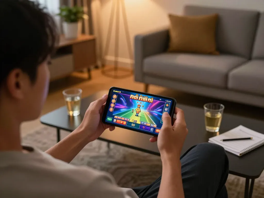 Player enjoying game nổ hũ on mobile device, engaged in strategic gameplay at home