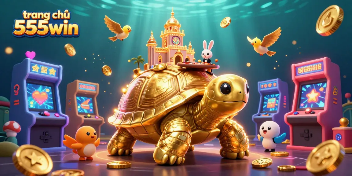 Experience the excitement of trang chủ 555win with a vibrant, engaging casino illustration featuring a golden tortoise and a rabbit dealer.