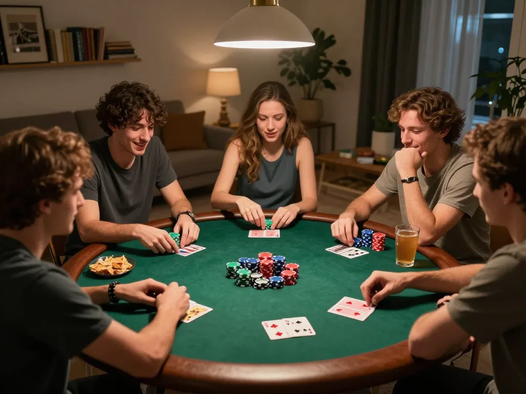 Friends enjoy an engaging poker night at home, showcasing Fabet88 excitement in play
